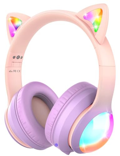 FosPower Kids Bluetooth 5.2 Headphones with LED Cat Ears (85/94dB Safe Volume Limit) Foldable Wireless or Wired Headset with 100hr Play Time and 3.5mm Cable for School/Travel - Light Pink/Light Purple
