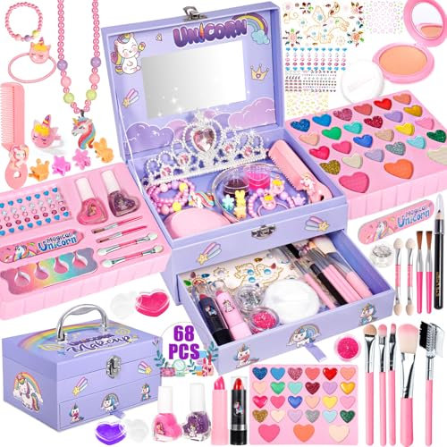 POWLYB Make-up-Set, ungiftig, waschbar, hypoallergen, Kosmetiktasche für Mädchen, Spiele Weihnachten, Geburtstag, Geschenk 4-10 Jahre