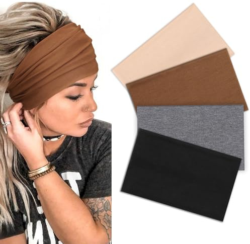 DRESHOW Pannband för Kvinnor Breda Halkfria Turban Hårband Mjuka Elastiska Träning Yoga Löpning Huvudband Flickor Tillbehör 4 Paket