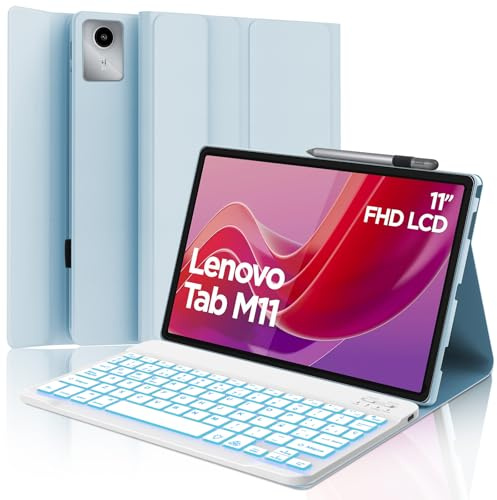 SENGBIRCH Funda con Teclado para Lenovo Tab M11, Español Ñ Bluetooth Retroiluminación Inalámbrico Teclado para Lenovo M11 Tablet (TB330FU/ TB330XU) 2024 11, Azul Claro