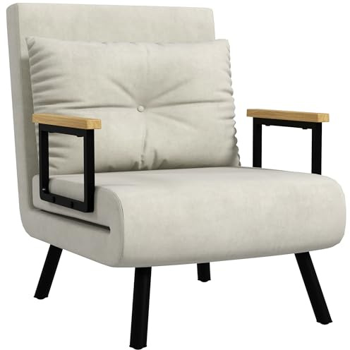 HOMCOM 4 in 1 Poltrona Letto Singolo, Poltrona Pieghevole con Schienale Regolabile in 5 Posizioni, Divano Letto con Cuscino, Seduta Imbottita, in Velluto per Casa e Ufficio, 63x73x81 cm, Bianco crema
