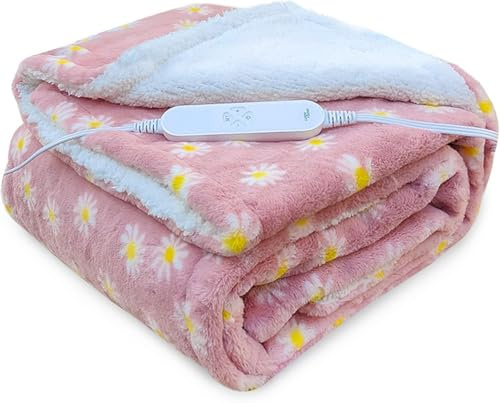 GOQO TOMO Electric Heated Blanket 50 x 60 Throw Blanket with 12 Heating Levels for Home Office Use Pink Flower - F50