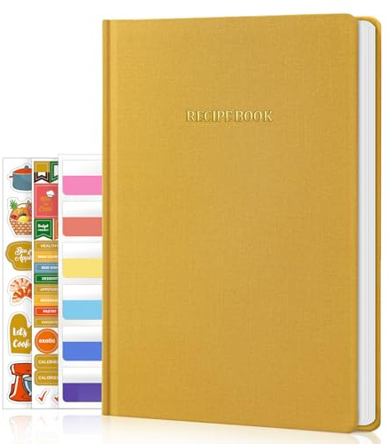 WEMATE Rezeptbuch zum Selberschreiben A5, 14,8 x 21 cm, 168 Seiten, Hardcover kochbuch selbst schreiben mit Tabs & Inhaltsverzeichnis, DIY gestalten mit Platz für Notizen + Rezepte, Geschenkidee,gelb