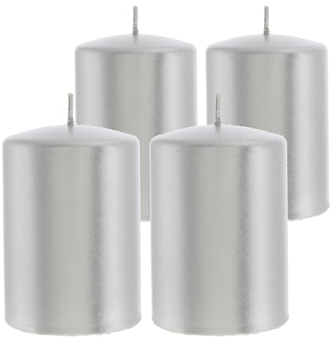 Stumpenkerze 4er Set | silber rund Ø6,8x10cm Paraffin | metallisch Wachskerze Brenndauer 40h (1 x Stumpenkerze 4er Set silber)