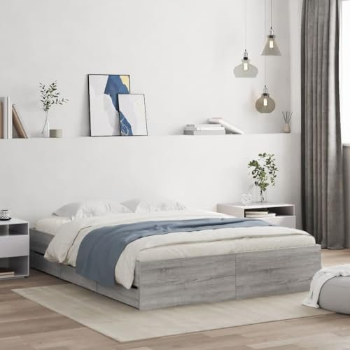 LAPOOH Bettgestell mit Schubladen Grau Sonoma 150x200 cm Holzwerkstoff, Bett, Bed Frame, Familienbett, Bettrahmen, Bett Gestell, Bett Rahmengestell, Schlafzimmer Bett - 3207271
