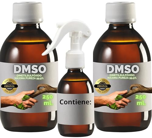 2 X DMSO 250 ml. 99,9% Pureza Con Gotero | Dimetilsulfóxido Calidad Ph Eur | Regalo Frasco125ml + Difusor + Vasito Dosificador | Frascos Ámbar de Laboratorio | Precinto de Seguridad