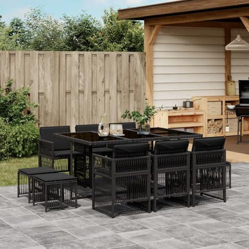 IKAYAA Gartenmöbel Set Rattan 10 Personen Garten sitzgruppe 10 Personen Gartentisch Set mit 10 stühlen Gartengarnitur Sitzgarnitur Essgruppe mit Kissen-Schwarz-11-tlg