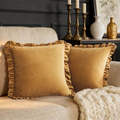 GIGIZAZA Samt Kissenbezug Dark Gold 45 x 45: 2 Stück Kissenhülle Dekorative Sofakissen Luxuriös Sofakissen mit Rüsche Kissenbezüg - Plisseefalten Chic Kissenbezug für Couch Bett Sofa Wohnzimmer