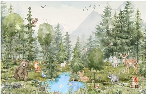 Fototapete Kinderzimmer, Wald, Waldtiere Bäume, Fluss, Bär, Berge, Reh, Kiefer, Tapeten für Kinder Babyzimmer Vlies Tapeten wandtapete Mädchen und Jungen, See im Wald Tapete nach Maß 1m2