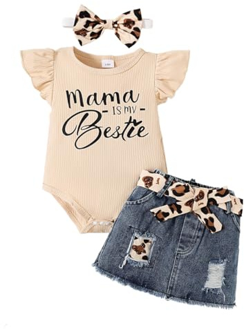 Vestiti Set per Neonata Stampa Lettere Tutina+Gonna in Denim Abbigliamento | Manica Corta/Lunga Volant a Coste Top,Denim Jeans Gonna Set ,Neonati Estivi Abbigliamento. Autunno San Valentino Abiti set