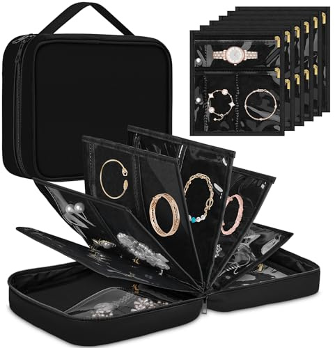 Yotako Travel Jewelry Organizer Case-Jewelry Organizer Jewelry Storage Book Binder with Clear Zipper Velvet Pouch for Travel Home Use, Jewelry Bags for Earrings, Rings, Necklace, Bracelet, Black