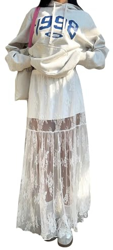 GORGLITTER Damspets, maxikjol, elegant, hög midja, spetskjol, långa kjolar, A-linje, fritidskjol, blommönster, sommarkjol, genomskinlig festkjol, Vit, M