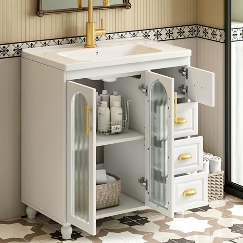 Ligterra Mobile da bagno singolo lavabo moderno con mobiletto da 80 cm, bianco, lavabo in ceramica, impermeabile, piedini antiscivolo, facile da montare