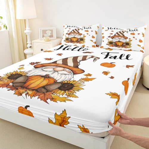 Set di biancheria da letto per letto matrimoniale, motivo: gnomo autunnale con foglie d'acero, lenzuolo con angoli senza lenzuolo superiore, per bambini, adolescenti, adulti, decorazione per camera da