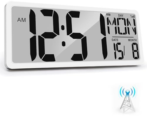 KRSTIR Atomic Clock 15 Digital Wall Clock Battery Operated Atomic Alarm Wall Clock with Day Date & Temperature for Bedroom Living Room Classroom Home Office