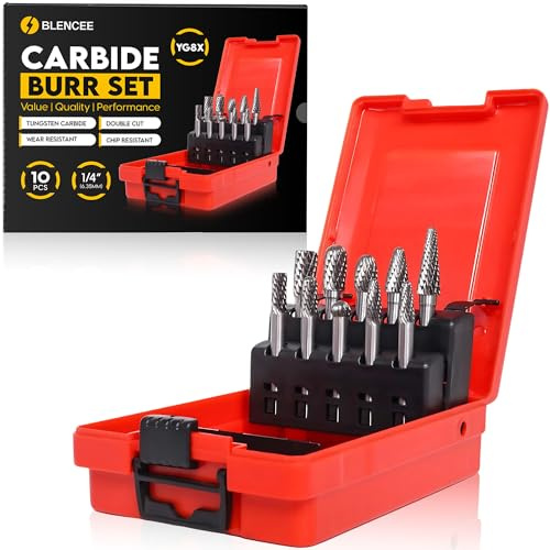 BLENCEE 10Pcs Tungsten Carbide Burr Set 6.35mm - 1/4 Shank Double Cut Die Grinder Bits Cutting Burrs - Metal, Steel - Rotary Tools Rasp Accessories - Deburring, Engraving, Grinding, Carving, Porting