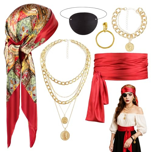 YUFFQOPC Mittelalter Piratenkostüm Zubehör Set, Piratenkostüm Damen Herren Piraten Verkleidung Accessories Kopftuch Augenklappe Ohrringe Halskette Hüfte Tuch für Halloween Karneval Party
