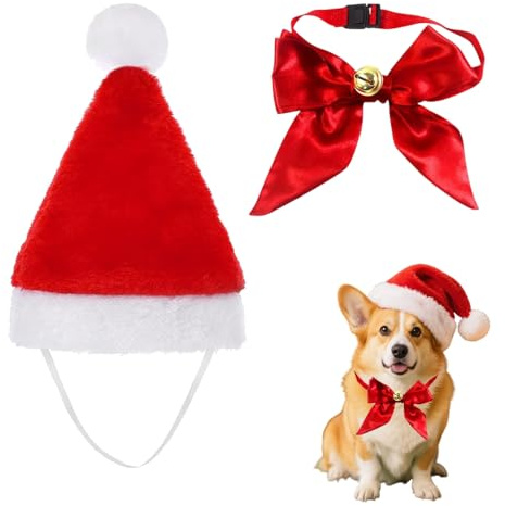 Hundekostüm Weihnachten,1 Stück Weihnachtsmütze und 1 Stück Klingel Schmetterlingsknoten, Hund Weihnachten Kostüm Ideal für Weihnachtsfotos und Familienfeiern(Rot)