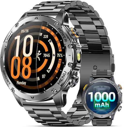 Military Smart Watches for Men, 1.7″ Smart Watch with 1000 mAh Battery, Led Flashlight, Answer/Make Calls, IP68 Waterproof, Heart Rate/Sleep Monitor 100+ Sport Modes Fitness Watch for Android/iPhone