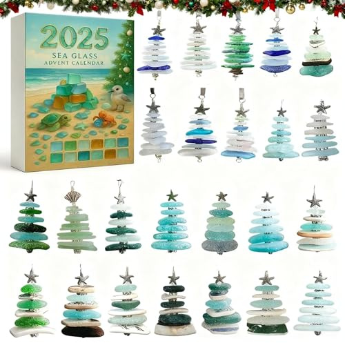 Calendrier de l'Avent 2025 en verre de mer – Compte à rebours de Noël de 24 jours avec 24 mini décorations de sapin de Noël en verre de mer naturel, fait à la main pour les vacances à la mer et la