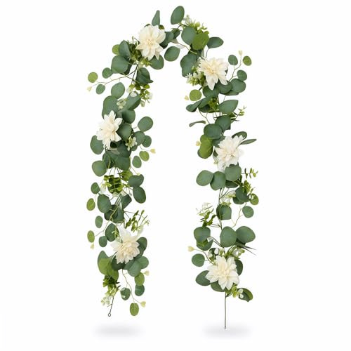 Tyxzle Artificial Eucalyptus Garland Green 5.9ft Faux Greenery Garlands with Leaves and Flowers for Wedding Table Mantel Fireplace Wall Decor (white)