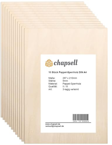 chapsell Sperrholzplatten A4 (10 Stück) – 297x210x5mm Pappelsperrholz – Qualität II/III, glatt geschliffen & formstabil – Holzplatten für Basteln, Lasercut, Gravur, Modellbau, Möbelbau, DIY & Handwerk