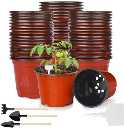 SOETDERT 50 stycken planteringskrukor, miniodlingskrukor, 10 cm plastplantkruka, multifunktionell praktisk växtbehållare, liten blomkruka, rund plastkruka med 10 stycken plants etiketter (50 st)