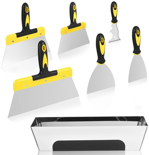 Drywall Hand Tool Kit, 7 Pieces Wallpaper Scraper Tool Set, Easy to Use | Plastering Tools Set Including 3 4 5 8 10 12 Stainless Steel Paint Scraper Tools, and 12.5 Mud Pan with Ergonomic Grip