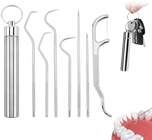 pelriox 7 Pezzi Igiene Orale in Acciaio Inossidabile 304 – Stecche Metalliche Riutilizzabili con Rimuovi Tartaro, Manico Antiscivolo, Portatile Casa/Viaggio/Outdoor, Igiene Bucale Post-Pranzo