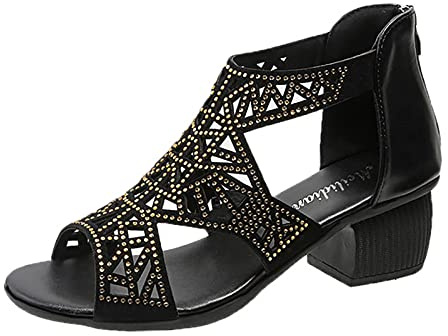 Cocila Sandalia De Vestir Para Mujer Con Alta Tacón Ancho Verano, Sandalias Grandes Romanas Medio Imitación Y Pescado Cremallera Trasera (Gold, 38) Tacon Rojas Zapatos Fucsia Fiesta Comodos Sin