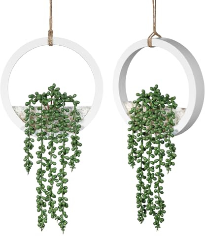 LUWENER 2 Pack 12.2 Fake Hanging Succulent Plant, White Frame | Modern Look Fits Any Room, Bathroom Living Room Office Kitchen Indoor Wall Plant Decor