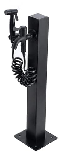 Wassersäule Garten 60 cm mit Wasserhahn und Spritzpistole – freistehende Wasserzapfsäule aus 304 Edelstahl schwarz, frostsicher & UV-beständig für Bewässerung, Hundedusche & Terrasse (Square)