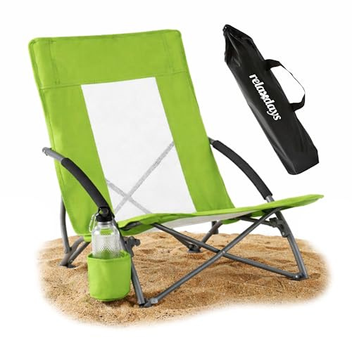 Relaxdays Strandstuhl faltbar, Tasche, Getränkehalter, 135 kg, Mesh-Design, Leichter Klappstuhl, Polyester, Metall, grün