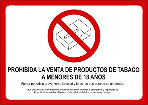 Cartel Prohibida la Venta de Tabaco a Menores de Edad 29x21cm | Para Establecimientos | Prohibido fumar Ley Reguladora | Fabricado en Vinilo Adhesivo Para Establecimientos