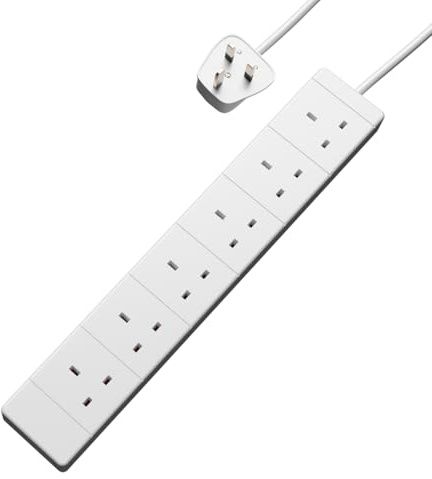 rhinocables 6 Gang White Extension Lead (1m) | 13A UK Plug Cable for Safe Everyday Mains Access, BS1363/A Rated 230V Wire for Domestic & Office Use, White