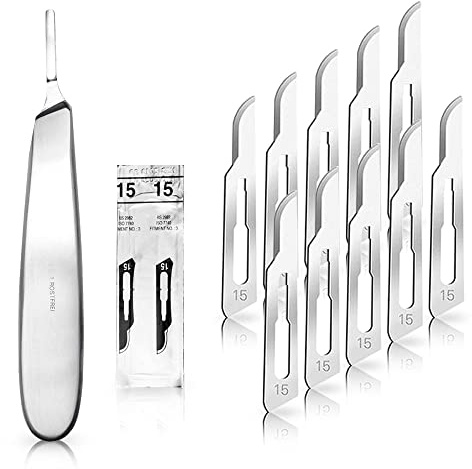 Set - 10 Stück Skalpellklingen Figur 15 aus Karbonstahl - Ersatzklingen einzeln steril verpackt + 1x May - Skalpell-Halter mit 13,5 cm langem Griff - Edelstahl