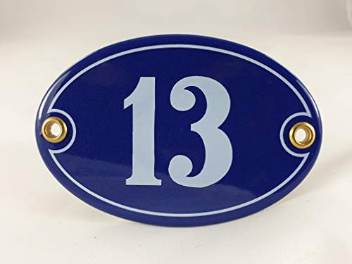 Emaille Hausnummer Schild Nr. 13, oval, Blau-Weiß Handarbeit
