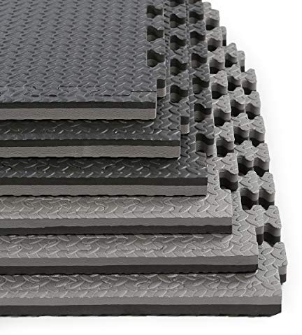 Xspec 1 Extra Thick 48 sq ft Reversible EVA Gym Foam Floor Mat Tiles (24 x 24), Steel Pattern, 12 pcs, Black & Grey