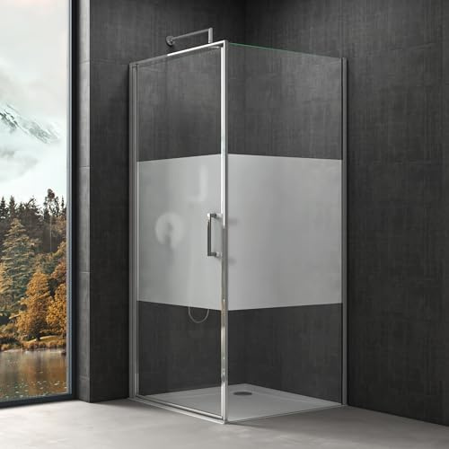 doporro Eck-Duschkabine 80x90x195cm Eckdusche 8mm ESG-Sicherheitsglas | Aluminium in Chrom | Hebe- und Senkmechanismus | Milchglas Streifen mit beidseitiger Easy-Clean-Beschichtung | Ravenna36MS