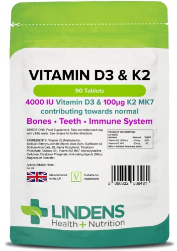 Lindens Vitamin D3 4000IU & MK7 K2 | 90 Tablets | UK Made | Immune Health, Bones, Teeth, Muscle, Blood Calcium Absorption | High Strength Vitamin D & K2 Supplement | 3 Months Supply | Vegetarian