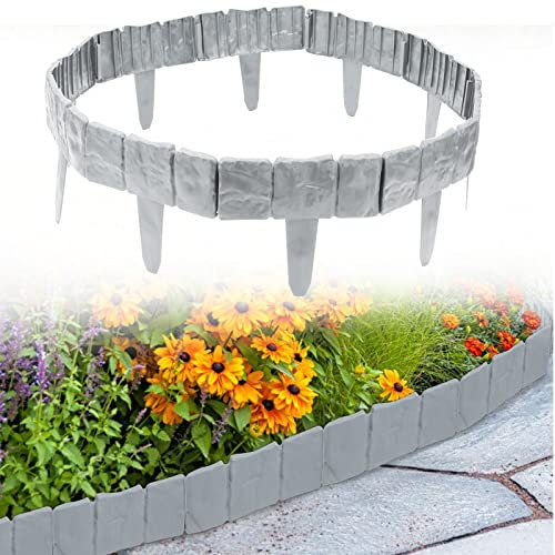 Herrselsam Borde para césped con aspecto de piedra, 12,5 m, color gris, borde para césped, palisada, estaca, decoración para jardín, 1 elemento, ancho x alto x profundidad: 25 x 23 x 1 cm