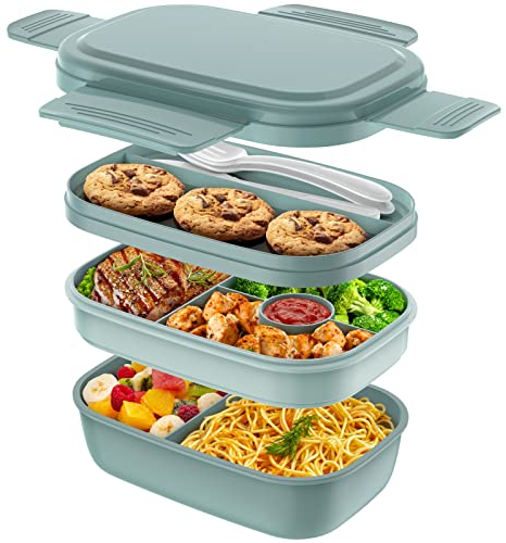 Bento-Box für Erwachsene, 3 stapelbare Bento-Lunch-Behälter für Erwachsene/Kinder, modernes minimalistisches Design, Bento-Box mit Utensilien-Set, auslaufsichere Lunchbox, Schule, Picknick