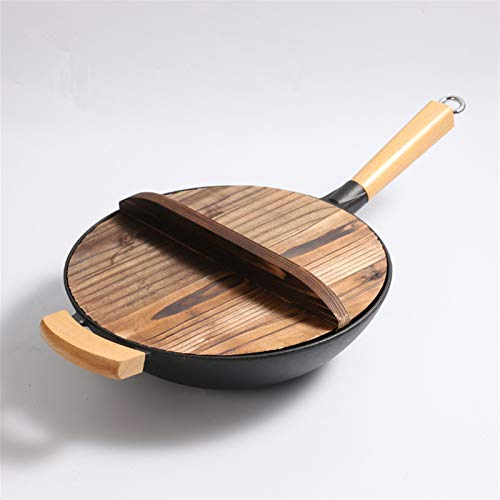 HMTE Wok en Fonte Wok Traditionnel Chinois sans revêtement avec Couvercle en Bois Cuisinière à gaz Meilleur Wok