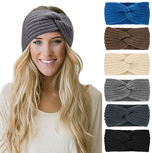 DRESHOW 6 Pièces Bandeau Cheveux pour Femme Bandeaux Hiver Serre-Tête Tricoté Oreille Réchauffeur Chaud Noué Bande Elastique Cheveux
