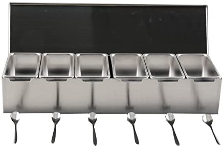 CDZHLTG Zutatenbehälter Edelstahl Beilagenbehälter mit 6 Einsätzen und Deckel, Zutatenbox Gewürzboxen Gastronomie Mixen | 46 x 15 x 8,8 cm | Cocktail Zutatenbehälter Bar für Gastro, Küche