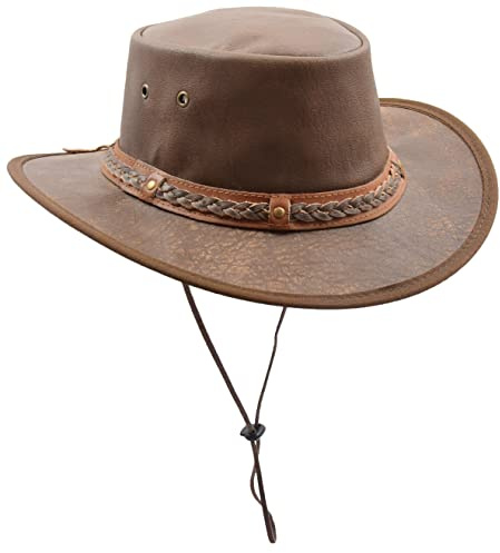 Cowboyhut aus echtem Leder mit abnehmbarem Kinnriemen, Aussie Autralian Bush Style HL001 Braun, braun, 56