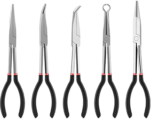 3/5Pcs Long Needle Nose Pliers Set, 11 Inches Carbon Steel Long Reach Pliers Non-slip Straight Pliers 25°/45°/90° Bent Nose Pliers O-Shaped Circle Pliers for Machinist Engineer Narrow Spaces (5 Pcs)