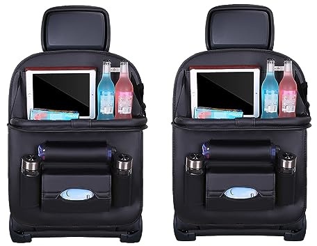 Car Seat Back Organizer with Foldable Table Tray PU Leather Storage Organizer with Pockets Kick Mats Seat Protectors Interior Accessories For Men Women Travel 2PCS Black