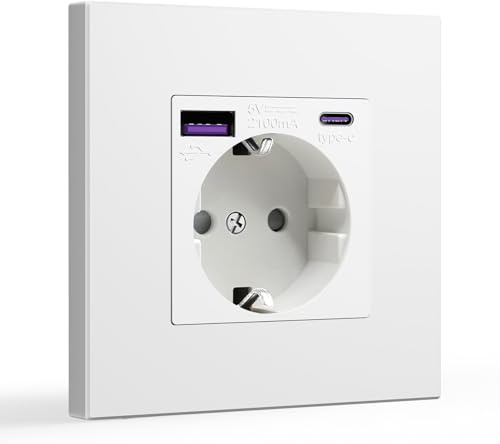 BSEED Enchufe pared, 16A 250V Schuko Enchufe Simple on Panel de Plastico, 1 Gang con 20W USB/Type C, Blanco