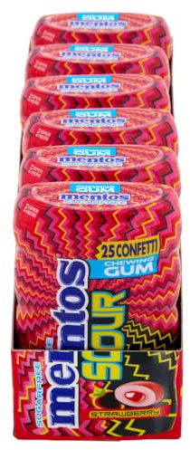 Mentos Sour Strawberry, Chewing Gum, GustoFragola, Senza Zucchero, Confezione da 6 Barattoli di Gomme da Masticare, con Effetto Sour